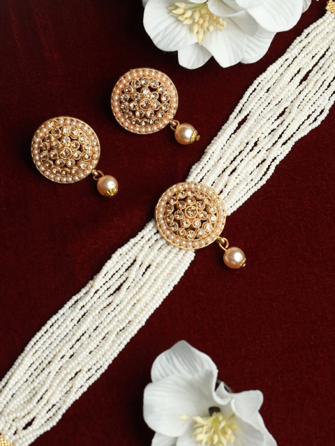 

Priyaasi Women Gold Plated White Stone Studded & Beaded Choker Jewellery Set