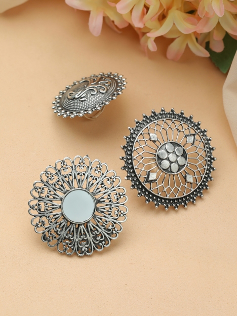 

Priyaasi Set Of 3 Silver Plated Silver Oxidised Finger Rings