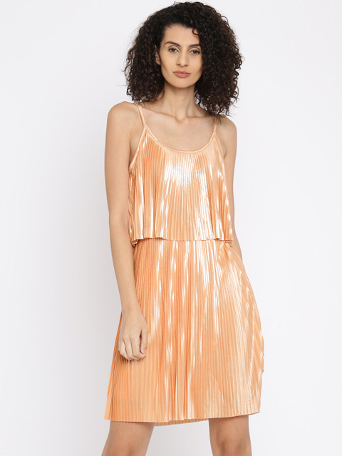 

Vero Moda Peach Shimmery Satin Finish A-Line Dress