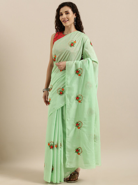 

SHAVYA Sea Green & Red Floral Embroidered Silk Blend Saree