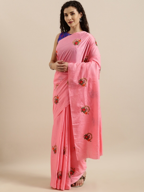 

SHAVYA Pink & Blue Floral Embroidered Silk Blend Saree
