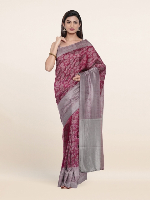 

Pothys Red & Silver-Toned Floral Art Silk Saree