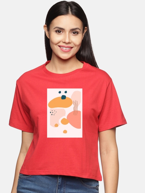 

BEVERLY BLUES Women Red Printed Drop-Shoulder Sleeves Cotton T-shirt