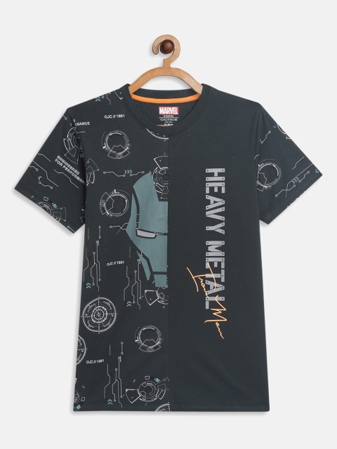 

Octave Boys Olive Green Typography Iron Man Printed V-Neck Applique T-shirt