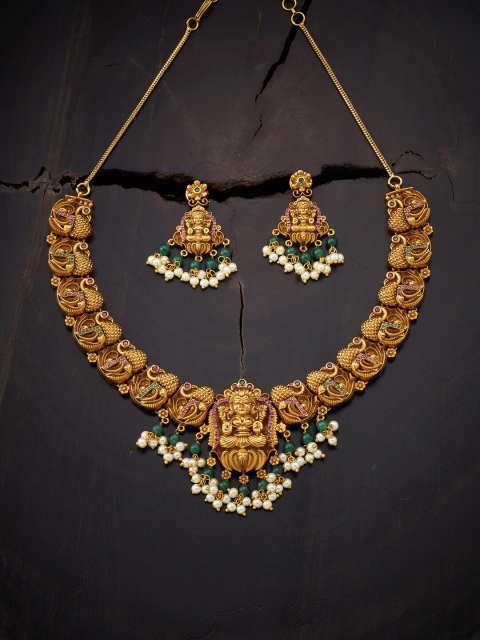 

Kushal's Fashion Jewellery Red & Green Gold-Plated Studded Temple Jewellery Set