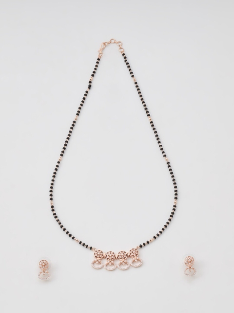 

Kushal's Fashion Jewellery Rose Gold-Plated & Black Mangalsutra With Earrings