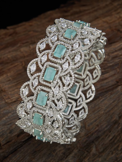 

Kushal's Fashion Jewellery Rhodium-Plated Sea Green Stone-Studded Bangle