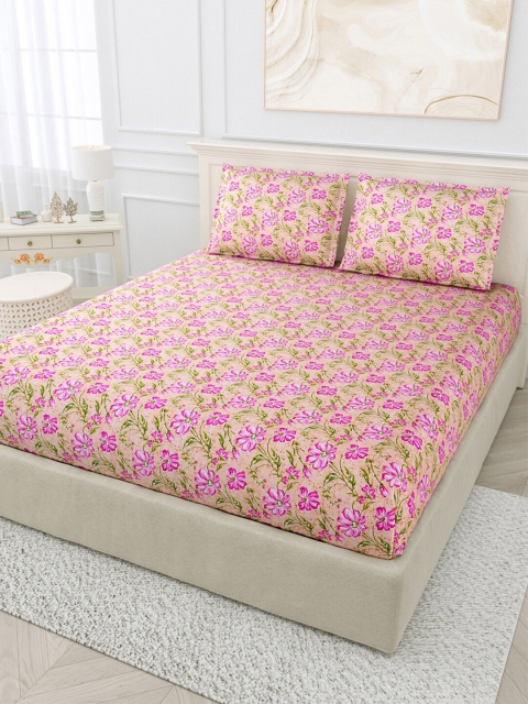 

BOMBAY DYEING Pink & Green Floral 144 TC Cotton King Bedsheet with 2 Pillow Covers