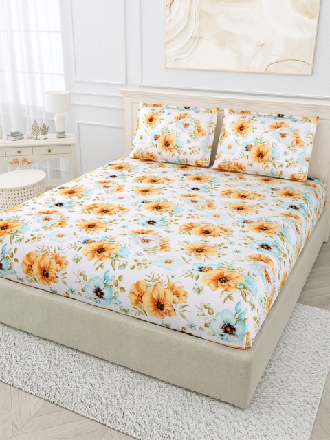

BOMBAY DYEING White & Orange Floral 144 TC King Bedsheet with 2 Pillow Covers
