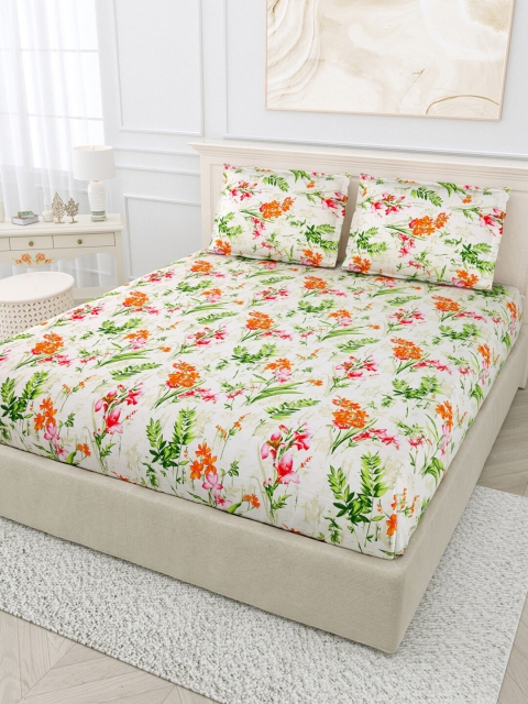 

BOMBAY DYEING White & Orange Floral 144 TC Cotton King Bedsheet with 2 Pillow Covers