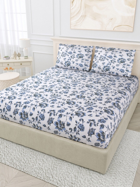 

BOMBAY DYEING White & Blue Floral 144 TC King Bedsheet with 2 Pillow Covers