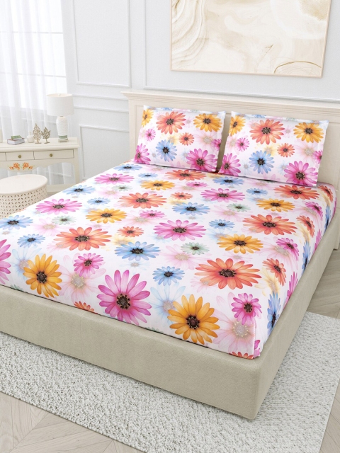 

BOMBAY DYEING White & Pink Floral Cotton 144 TC King Bedsheet with 2 Pillow Covers