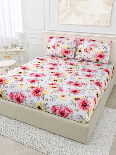 

BOMBAY DYEING White & Pink Floral 144 TC Florentine King Bedsheet with 2 Pillow Covers