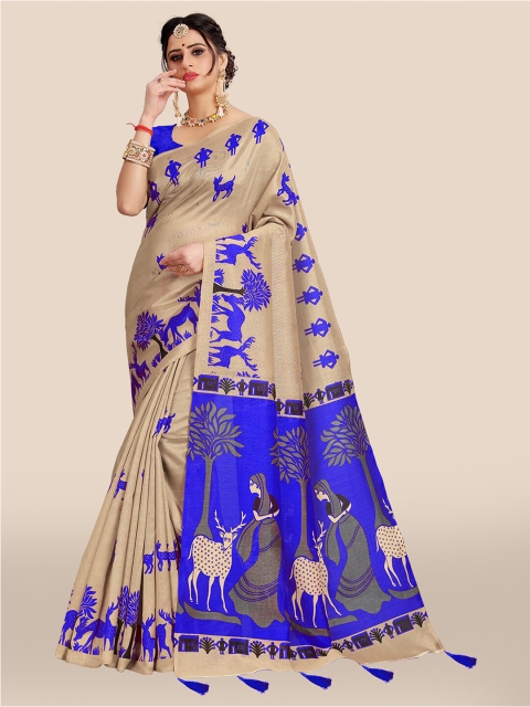 

DIVASTRI Cream-Coloured & Blue Floral Art Silk Saree