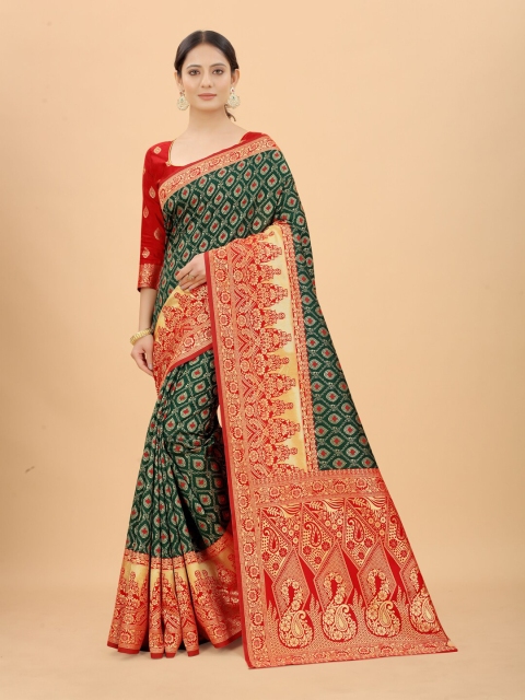 

SATYAM WEAVES Green & Red Woven Design Silk Cotton Banarasi Saree