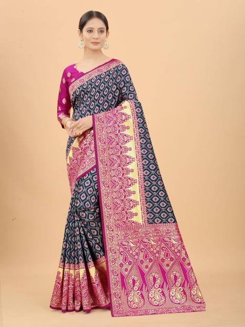 

SATYAM WEAVES Navy Blue & Pink Woven Design Silk Cotton Banarasi Saree