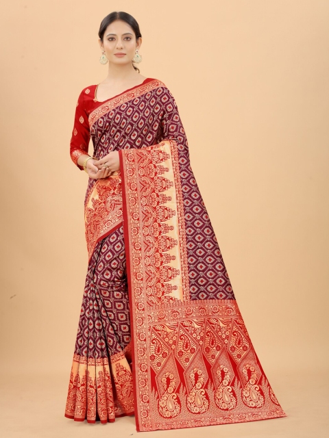 

SATYAM WEAVES Burgundy & Red Woven Design Silk Cotton Banarasi Saree