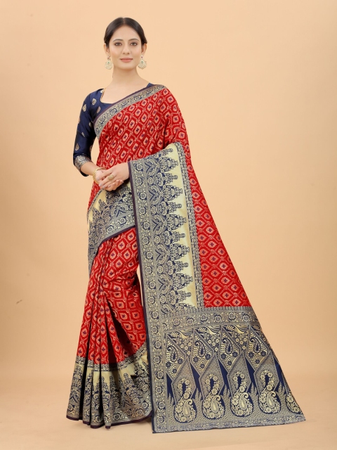 

SATYAM WEAVES Red & Navy Blue Ethnic Motifs Zari Silk Cotton Banarasi Saree