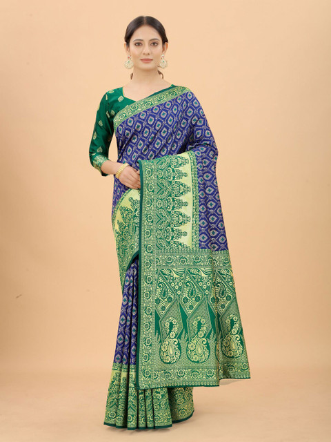 

SATYAM WEAVES Blue & Green Woven Design Silk Cotton Banarasi Saree