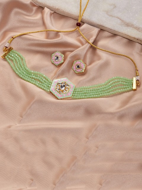 

GloBox By ZeroKaata Gold-Plated & Lime-Green Stone Studded Meenakari Jewellery Set