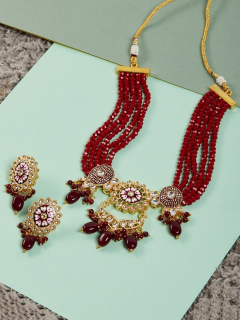 

GloBox By ZeroKaata Gold-Plated Red Kundan Studded Jewellery Set