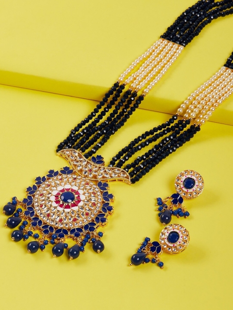 

GloBox By ZeroKaata Gold-Plated Blue & White Kundan-Studded & Beaded Meenakari Jewellery Set