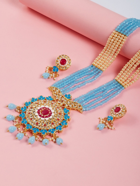 

GloBox By ZeroKaata Women Gold Plated Turquoise Blue & Red Kundan Studded & Beaded Jewellery Set