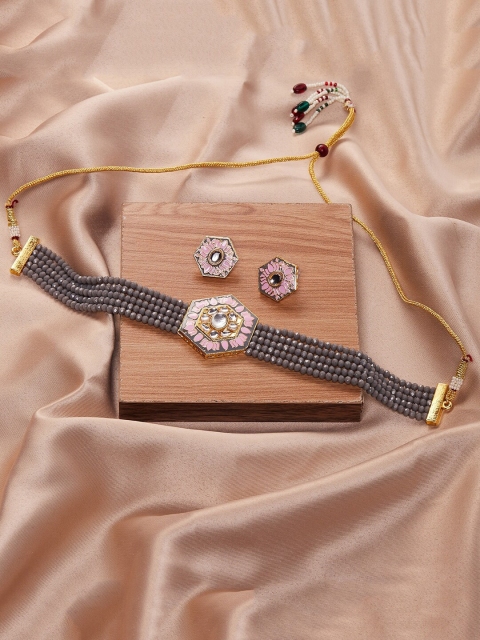 

GloBox By ZeroKaata Gold-Plated Grey & Pink Kundan-Studded Choker Necklace Set
