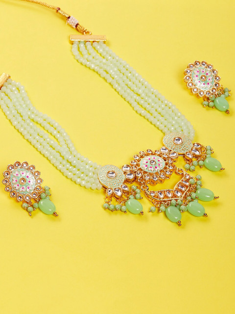 

GloBox By ZeroKaata Gold-Plated Lime Green Kundan-Studded & Beaded Meenakari Jewellery Set