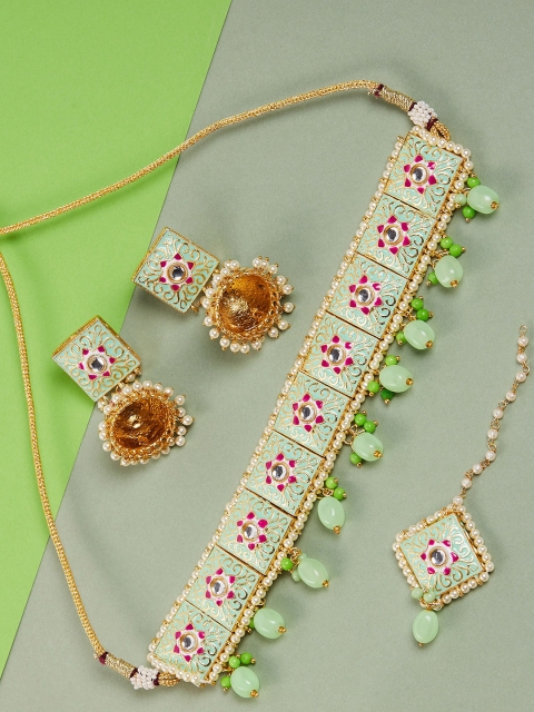 

GloBox By ZeroKaata Gold Plated Lime Green Kundan& Meenakari Jewellery Set