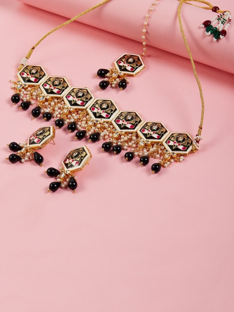 

GloBox By ZeroKaata Gold-Plated Black Kundan & Meenakari Studded Jewellery Set