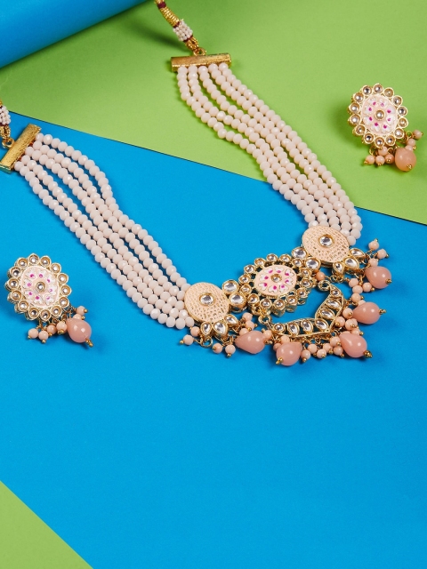 

GloBox By ZeroKaata Gold-Plated Peach Kundan -Studded & Beaded Meenakari Jewellery Set