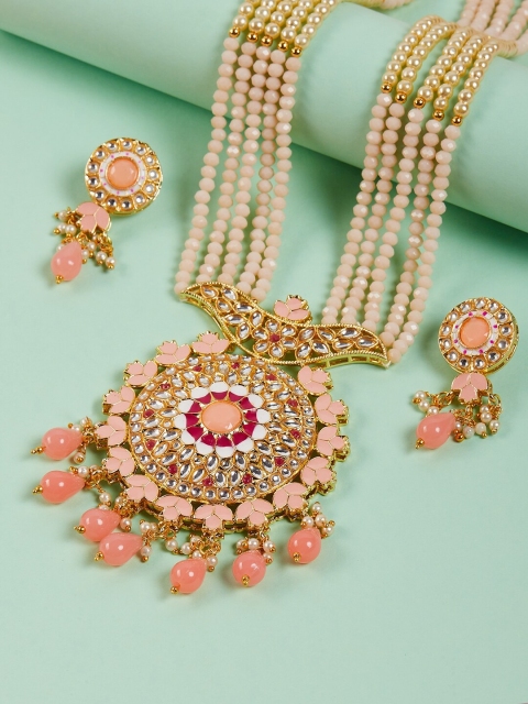 

GloBox By ZeroKaata Gold-Plated Peach Kundan Studded Jewellery Set