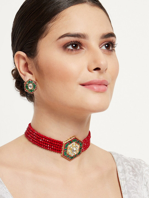 

GloBox By ZeroKaata Gold-Plated & Red Stone Studded Meenakari Jewellery Set