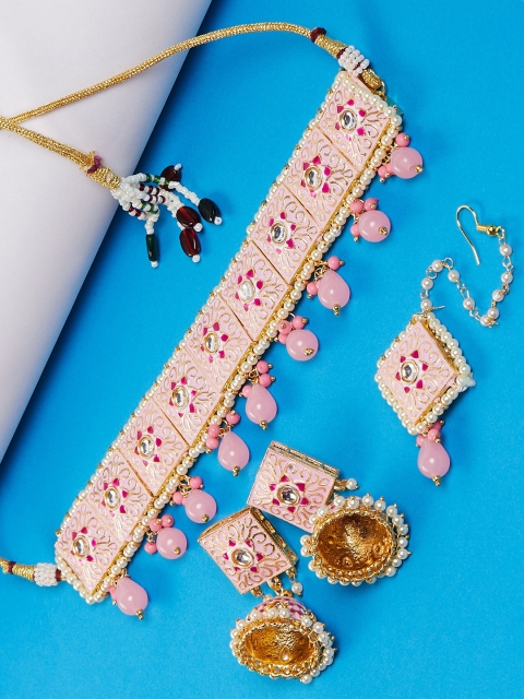 

GloBox By ZeroKaata Gold-Plated Pink & White Kundan-Studded & Beaded Meenakari Jewellery Set