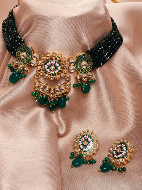 

GloBox By ZeroKaata Gold-Plated Green Kundan -Studded & Beaded Meenakari Jewellery Set