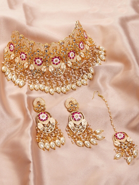 

GloBox By ZeroKaata Gold-Plated Peach-Colored Kundan-Studded Meenakari Jewellery Set