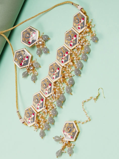 

GloBox By ZeroKaata Gold Plated Grey Kundan & Meenakari Studded Brass Choker Necklace Set