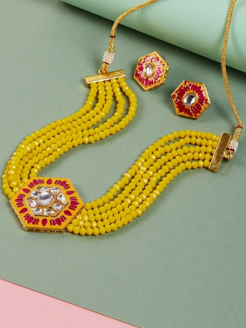 

GloBox By ZeroKaata Gold-Plated Yellow & Pink Kundan-Studded Meenakari Choker Necklace Set