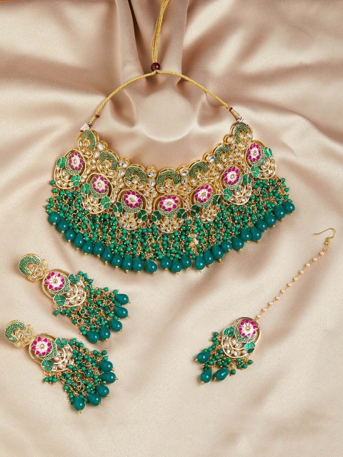 

GloBox By ZeroKaata Gold-Plated & Green Stone Studded Meenakari Jewellery Set