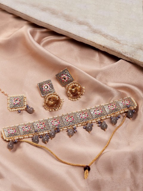 

GloBox By ZeroKaata Gold-Plated Grey & White Kundan-Studded & Beaded Meenakari Jewellery Set