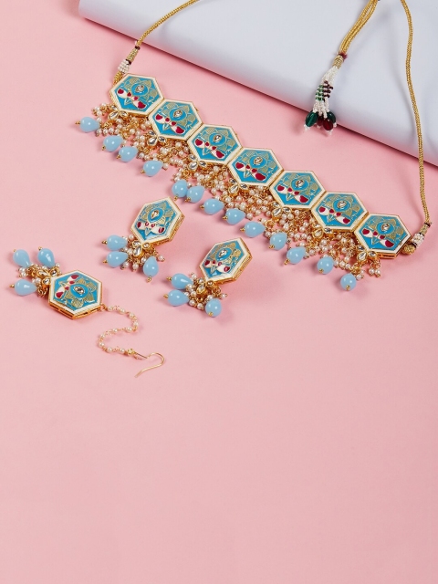 

GloBox By ZeroKaata Gold-Plated Turquoise Blue Kundan-Studded Meenakari Jewellery Set
