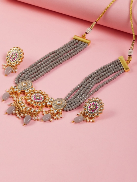 

GloBox By ZeroKaata Gold-Plated Grey Kundan-Studded Meenakari Jewellery Set