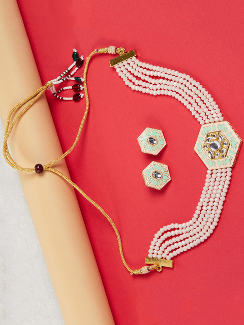 

GloBox By ZeroKaata Peach Kundan & Meenakari Studded Brass Choker Necklace Set