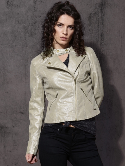 

Roadster Women Beige Solid Biker Jacket