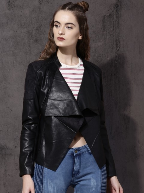 

Roadster Women Black Solid Open Front Jacket