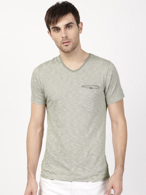

ether Men Grey Self Design V-Neck T-shirt