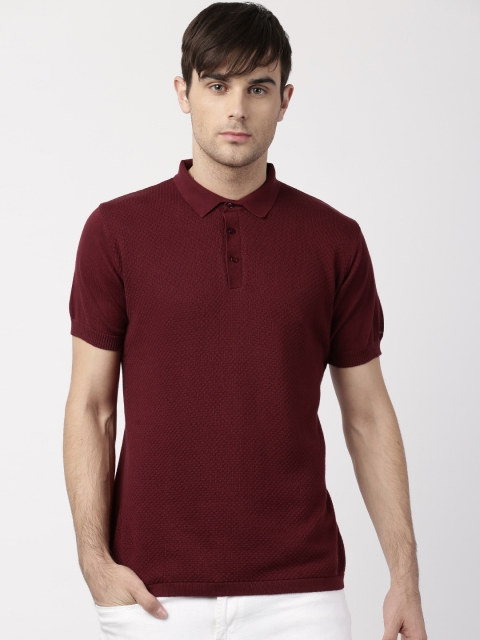 

ether Men Maroon Self Design Polo T-shirt