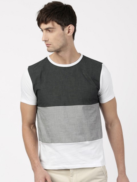 

ether Men Grey Colourblocked Round Neck Pure Cotton T-shirt