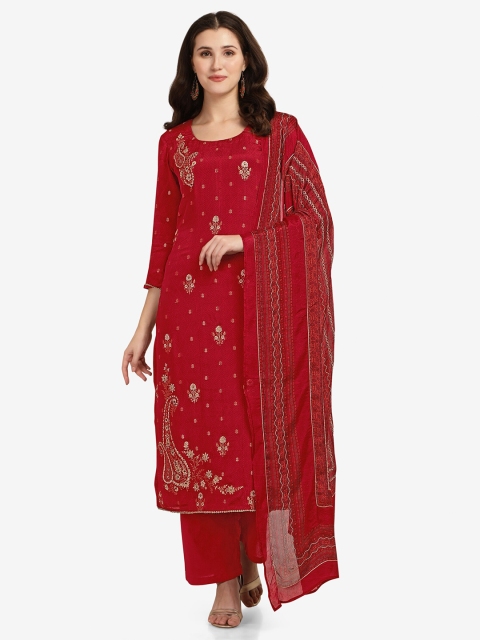 

Jansi Red & Gold-Toned Embroidered Unstitched Dress Material